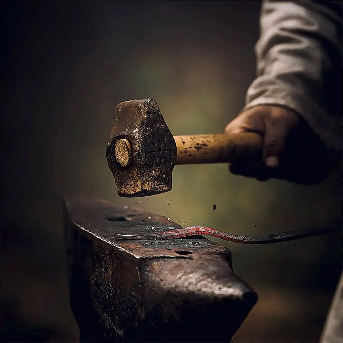 Blacksmith shaping iron on an anvil